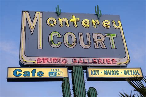 Monterey court - Monterey Court was a motel with individual bungalows, which are now shops that surround a large covered patio dining space. Miracle Mile is being revitalized and the old neon signs restored and preserved. Local live music is presented most nights, often free. The food is varied, fresh, and the menu offers vegetarian and vegan options.